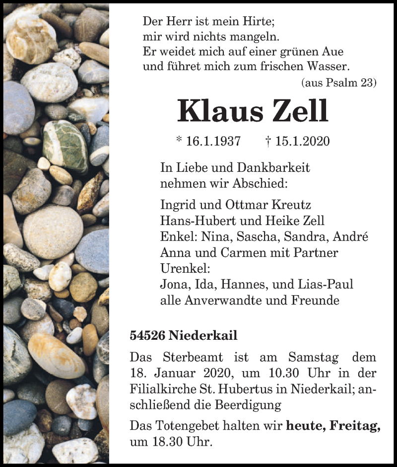 Traueranzeige für Klaus Zell vom 17.01.2020 aus trierischer_volksfreund