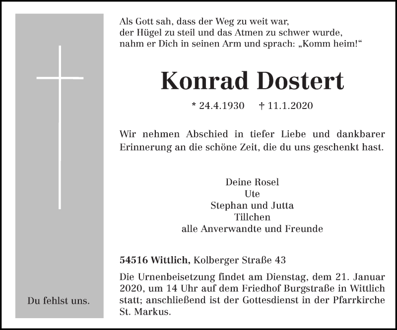  Traueranzeige für Konrad Dostert vom 18.01.2020 aus trierischer_volksfreund