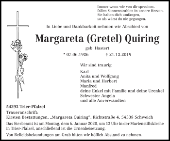 Traueranzeige von Margareta Quiring von trierischer_volksfreund