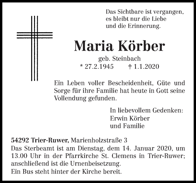  Traueranzeige für Maria Körber vom 08.01.2020 aus trierischer_volksfreund