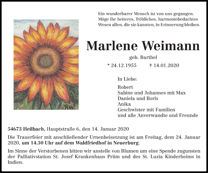  Traueranzeige für Marlene Weimann vom 21.01.2020 aus trierischer_volksfreund