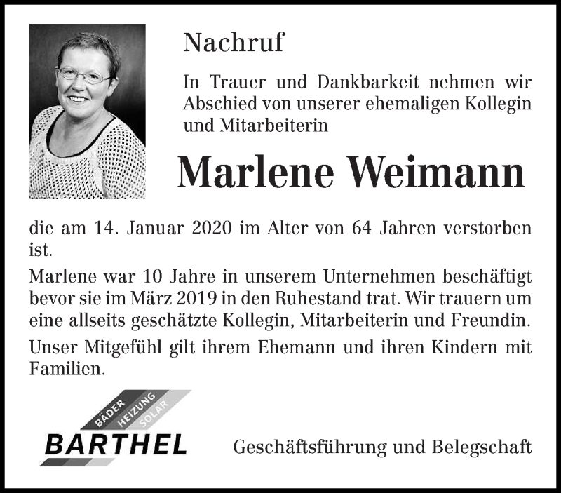  Traueranzeige für Marlene Weimann vom 21.01.2020 aus trierischer_volksfreund