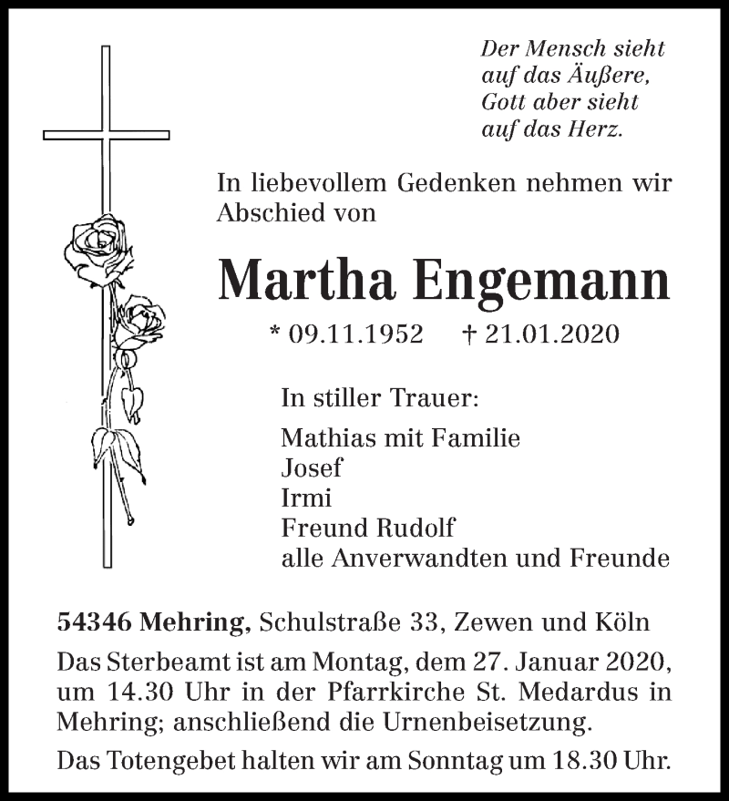  Traueranzeige für Martha Engemann vom 24.01.2020 aus trierischer_volksfreund