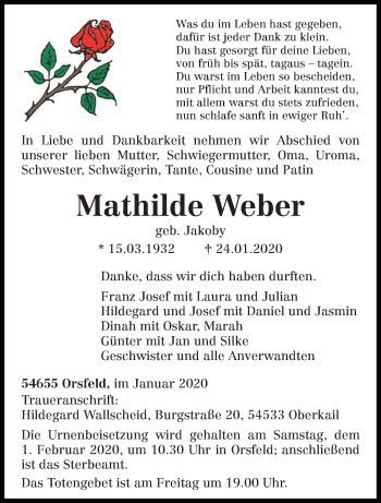 Traueranzeige von Mathilde Weber von trierischer_volksfreund