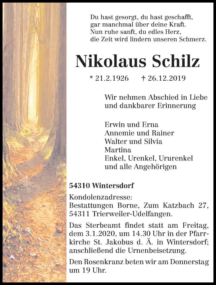  Traueranzeige für Nikolaus Schilz vom 31.12.2019 aus trierischer_volksfreund