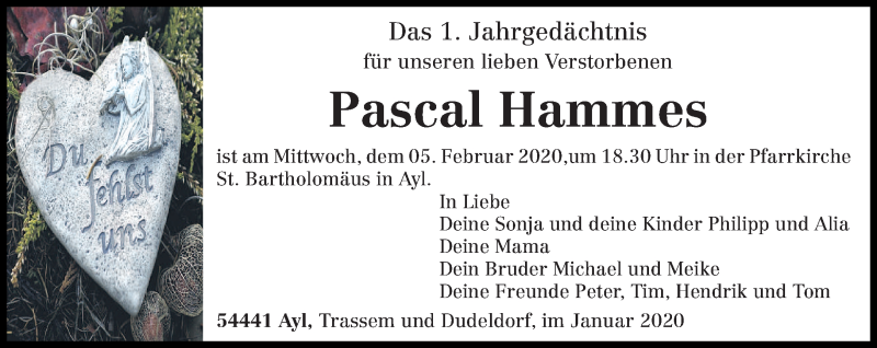  Traueranzeige für Pascal Hammes vom 25.01.2020 aus trierischer_volksfreund