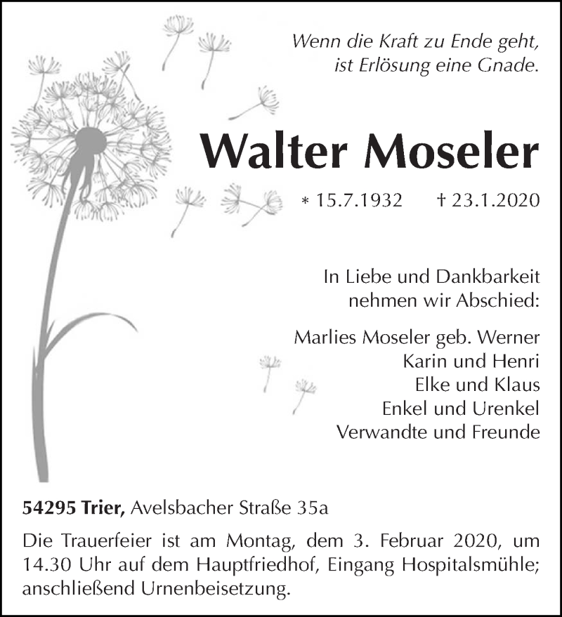  Traueranzeige für Walter Moseler vom 25.01.2020 aus trierischer_volksfreund