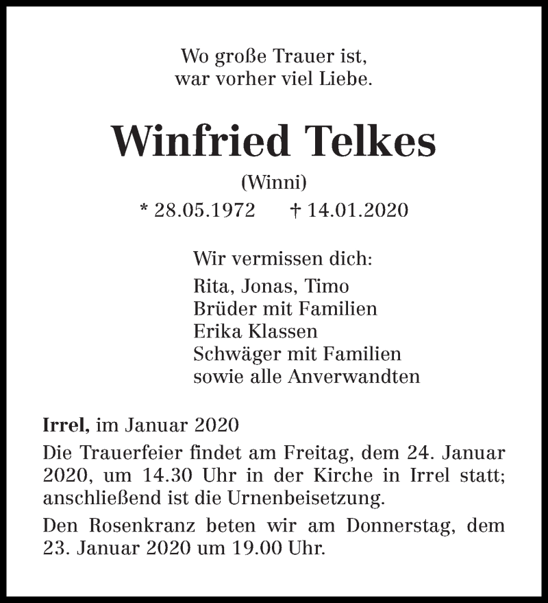  Traueranzeige für Winfried Telkes vom 18.01.2020 aus trierischer_volksfreund