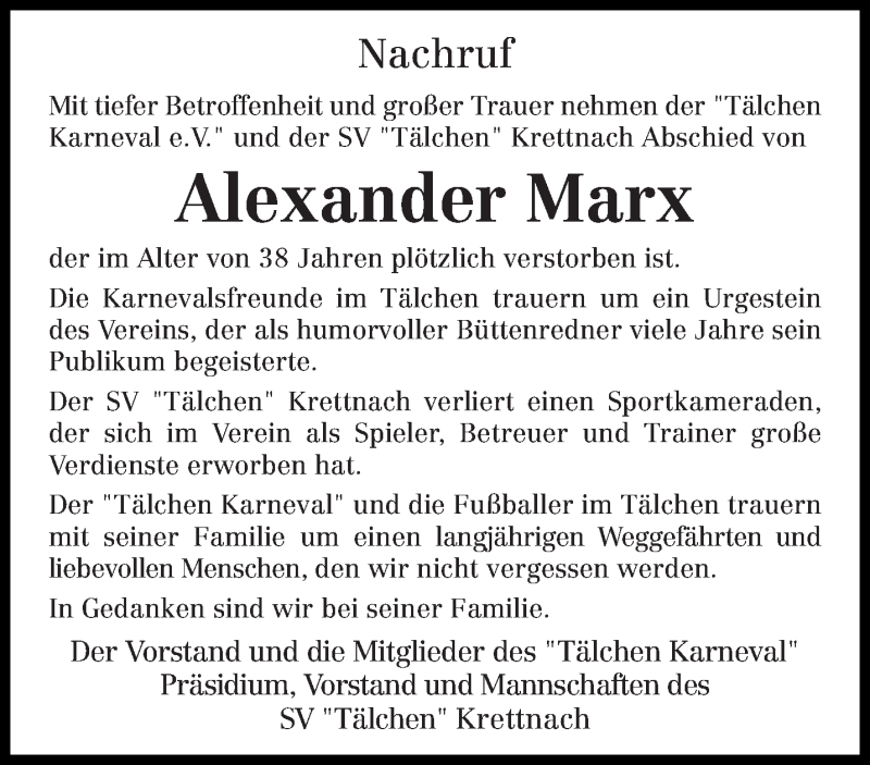  Traueranzeige für Alexander Marx vom 08.10.2020 aus trierischer_volksfreund