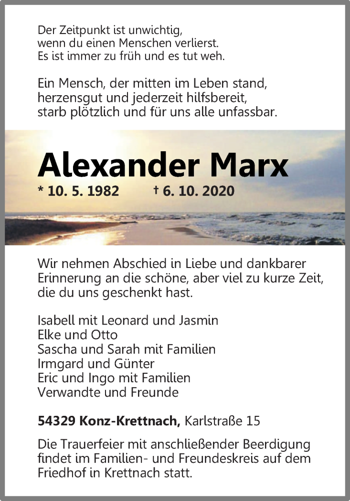  Traueranzeige für Alexander Marx vom 08.10.2020 aus trierischer_volksfreund