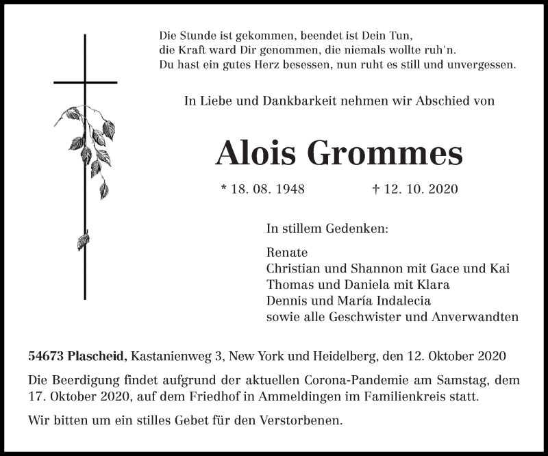  Traueranzeige für Alois Grommes vom 15.10.2020 aus trierischer_volksfreund