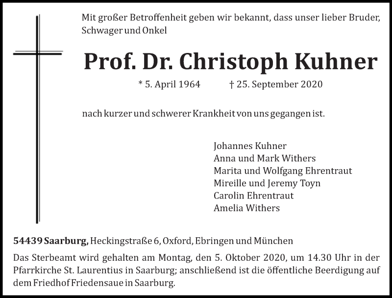  Traueranzeige für Christoph Kuhner vom 01.10.2020 aus trierischer_volksfreund