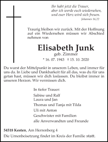 Traueranzeige von Elisabeth Junk von trierischer_volksfreund