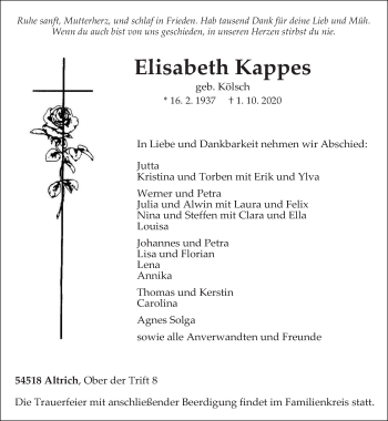 Traueranzeige von Elisabeth Kappes von trierischer_volksfreund