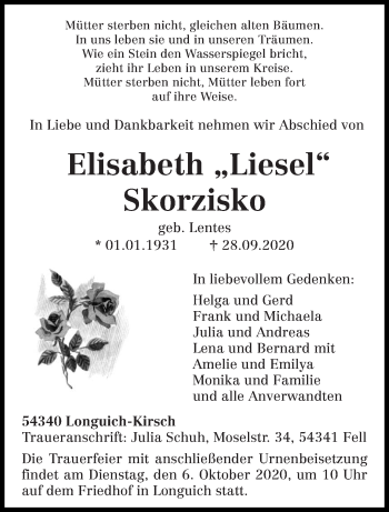Traueranzeige von Elisabeth Skorzisko von trierischer_volksfreund