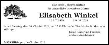 Traueranzeige von Elisabeth Winkel von trierischer_volksfreund