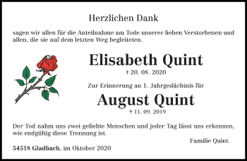 Traueranzeige von Elisabeth und August Quint von trierischer_volksfreund