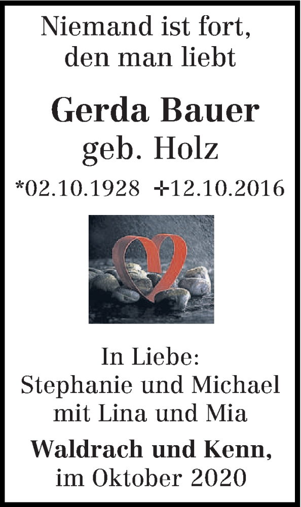  Traueranzeige für Gerda Bauer vom 12.10.2020 aus trierischer_volksfreund