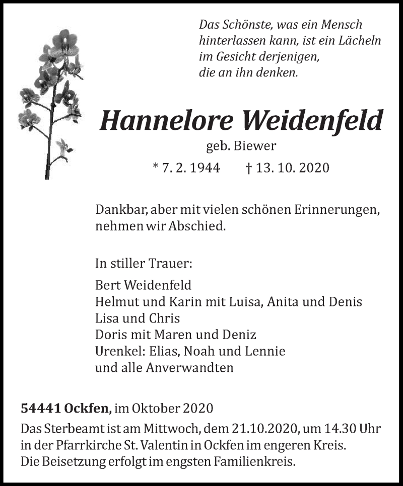  Traueranzeige für Hannelore Weidenfeld vom 17.10.2020 aus trierischer_volksfreund