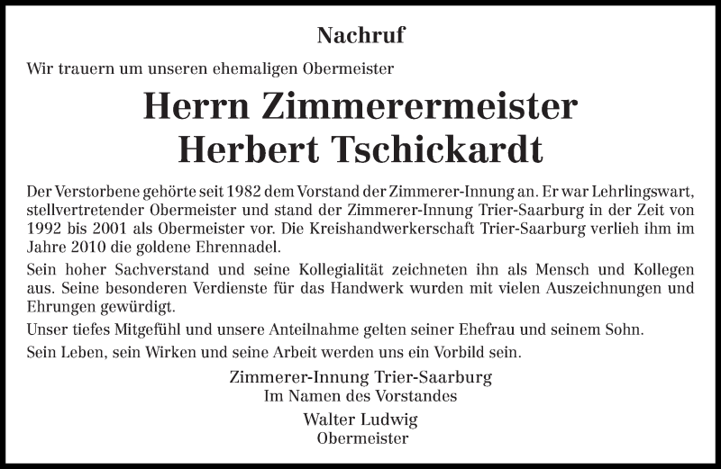  Traueranzeige für Herbert Tschickardt vom 02.10.2020 aus trierischer_volksfreund