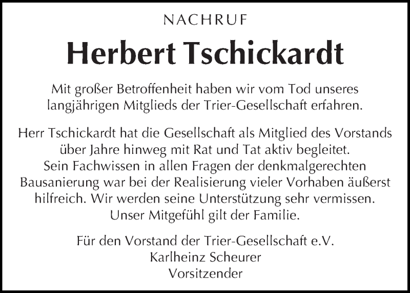  Traueranzeige für Herbert Tschickardt vom 02.10.2020 aus trierischer_volksfreund