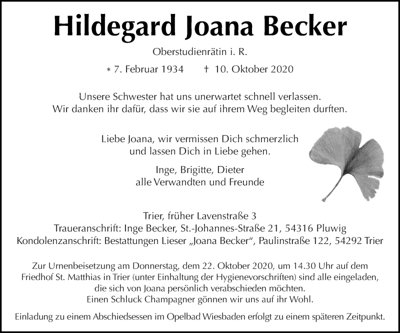 Traueranzeigen Von Hildegard Joana Becker Volksfreund Trauer De