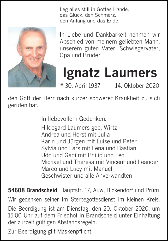  Traueranzeige für Ignatz Laumers vom 16.10.2020 aus trierischer_volksfreund