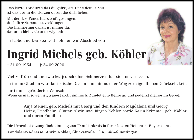  Traueranzeige für Ingrid Michels vom 07.10.2020 aus trierischer_volksfreund