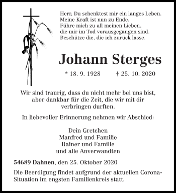 Traueranzeige von Johann Sterges von trierischer_volksfreund