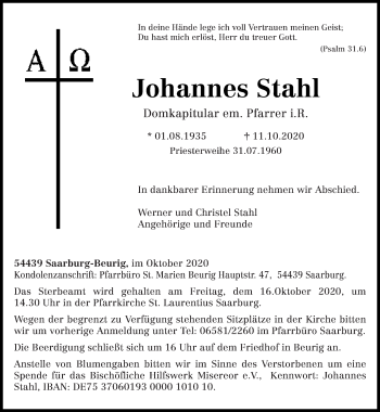 Traueranzeige von Johannes Stahl von trierischer_volksfreund