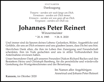 Traueranzeige von Johannes Peter Reinert von trierischer_volksfreund