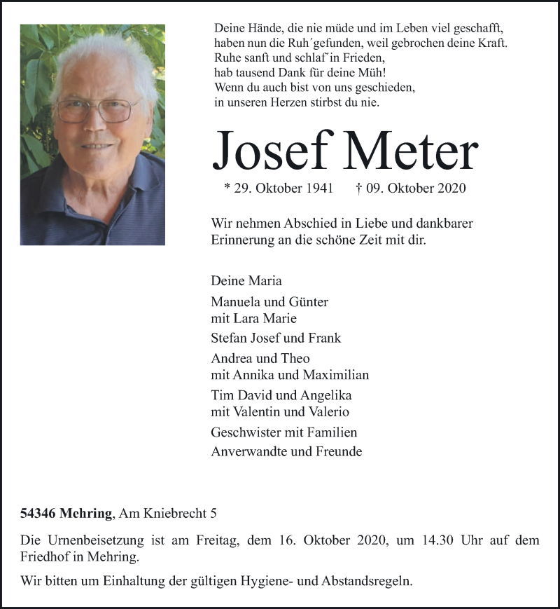  Traueranzeige für Josef Meter vom 14.10.2020 aus trierischer_volksfreund