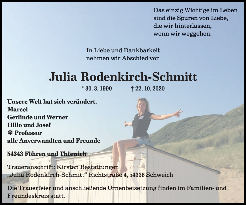  Traueranzeige für Julia Rodenkirch-Schmitt vom 24.10.2020 aus trierischer_volksfreund