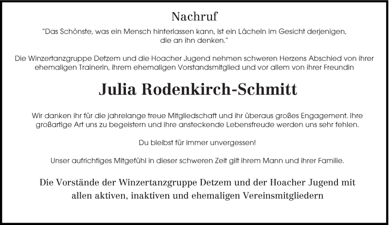  Traueranzeige für Julia Rodenkirch-Schmitt vom 28.10.2020 aus trierischer_volksfreund