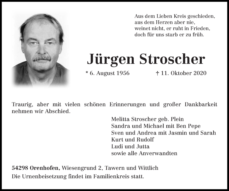  Traueranzeige für Jürgen Stroscher vom 17.10.2020 aus trierischer_volksfreund