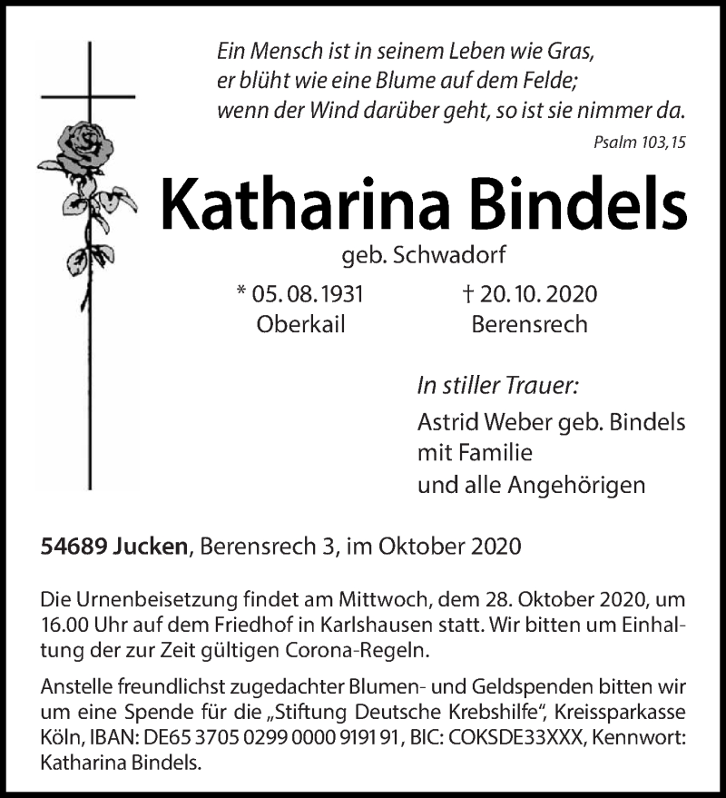  Traueranzeige für Katharina Bindels vom 24.10.2020 aus trierischer_volksfreund