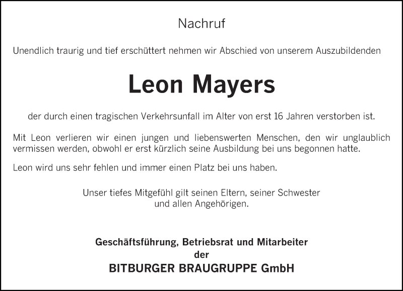  Traueranzeige für Leon Mayers vom 06.10.2020 aus trierischer_volksfreund