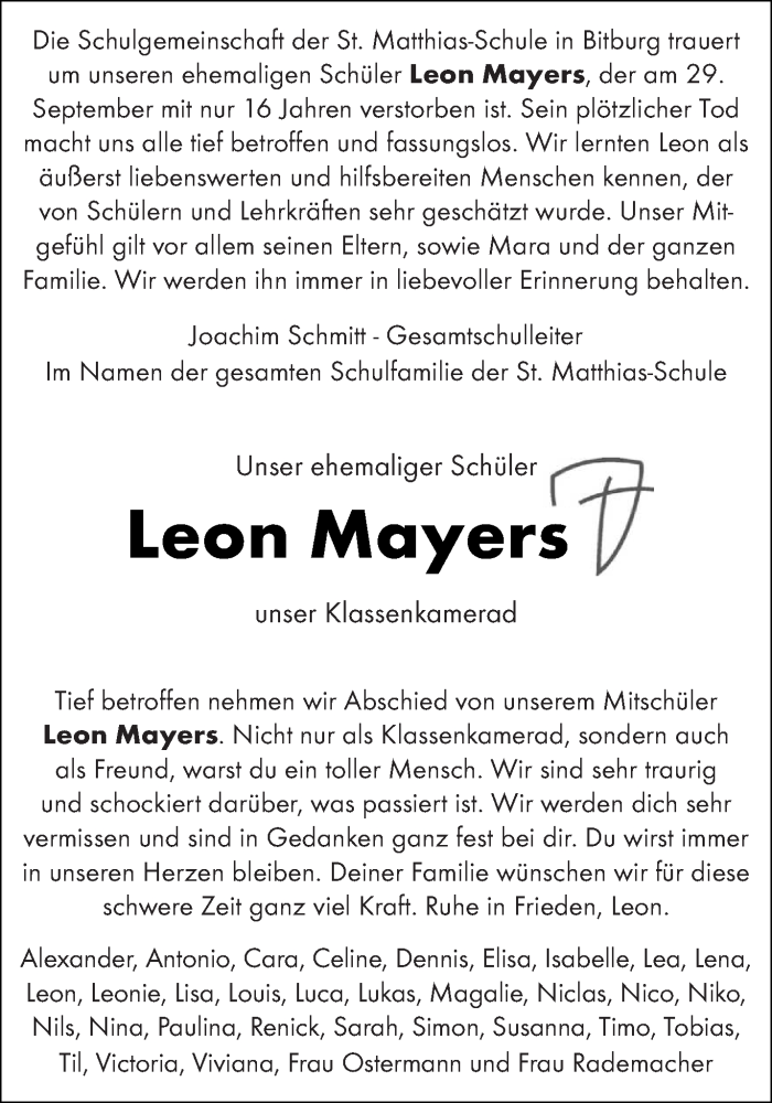  Traueranzeige für Leon Mayers vom 10.10.2020 aus trierischer_volksfreund