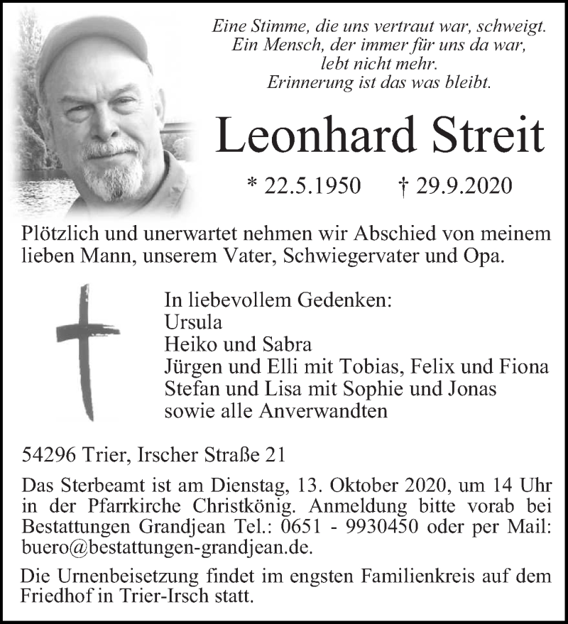  Traueranzeige für Leonhard Streit vom 07.10.2020 aus trierischer_volksfreund