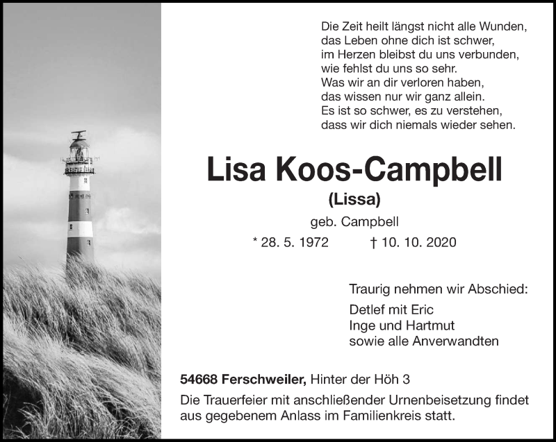  Traueranzeige für Lisa Koos-Campbell vom 13.10.2020 aus trierischer_volksfreund