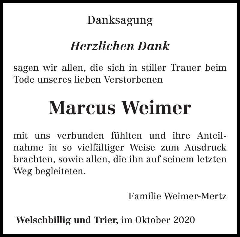  Traueranzeige für Marcus Weimer vom 10.10.2020 aus trierischer_volksfreund