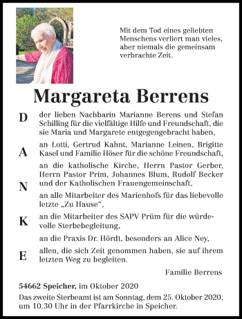 Traueranzeige von Margareta Berrens von trierischer_volksfreund