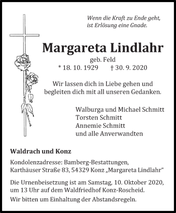 Traueranzeige von Margareta Lindlahr von trierischer_volksfreund