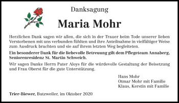 Traueranzeige von Maria Mohr von trierischer_volksfreund