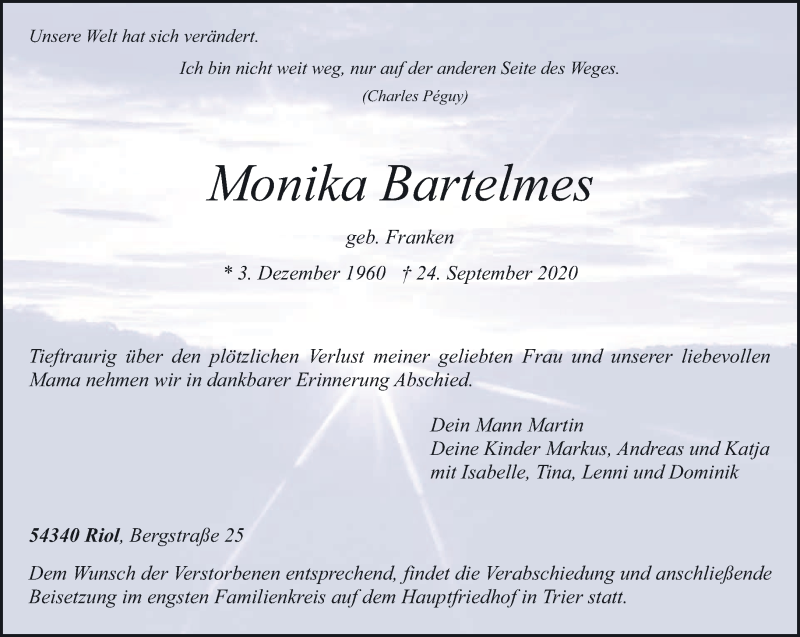  Traueranzeige für Monika Bartelmes vom 07.10.2020 aus trierischer_volksfreund