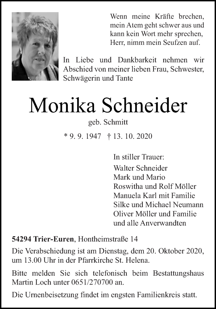  Traueranzeige für Monika Schneider vom 17.10.2020 aus trierischer_volksfreund