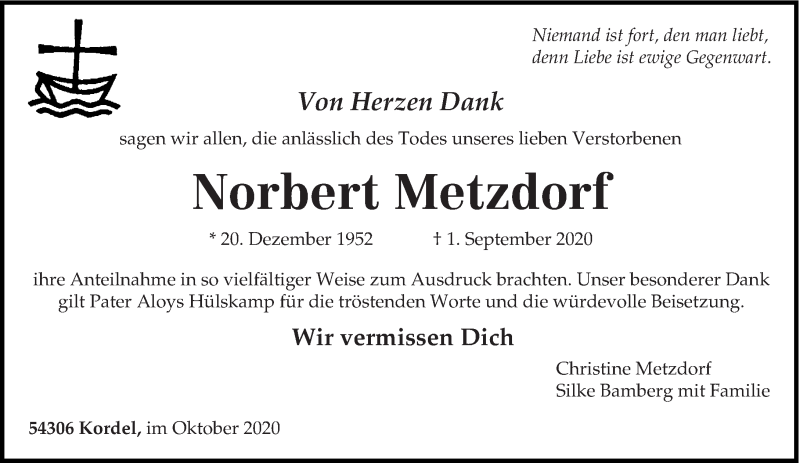  Traueranzeige für Norbert Metzdorf vom 24.10.2020 aus trierischer_volksfreund