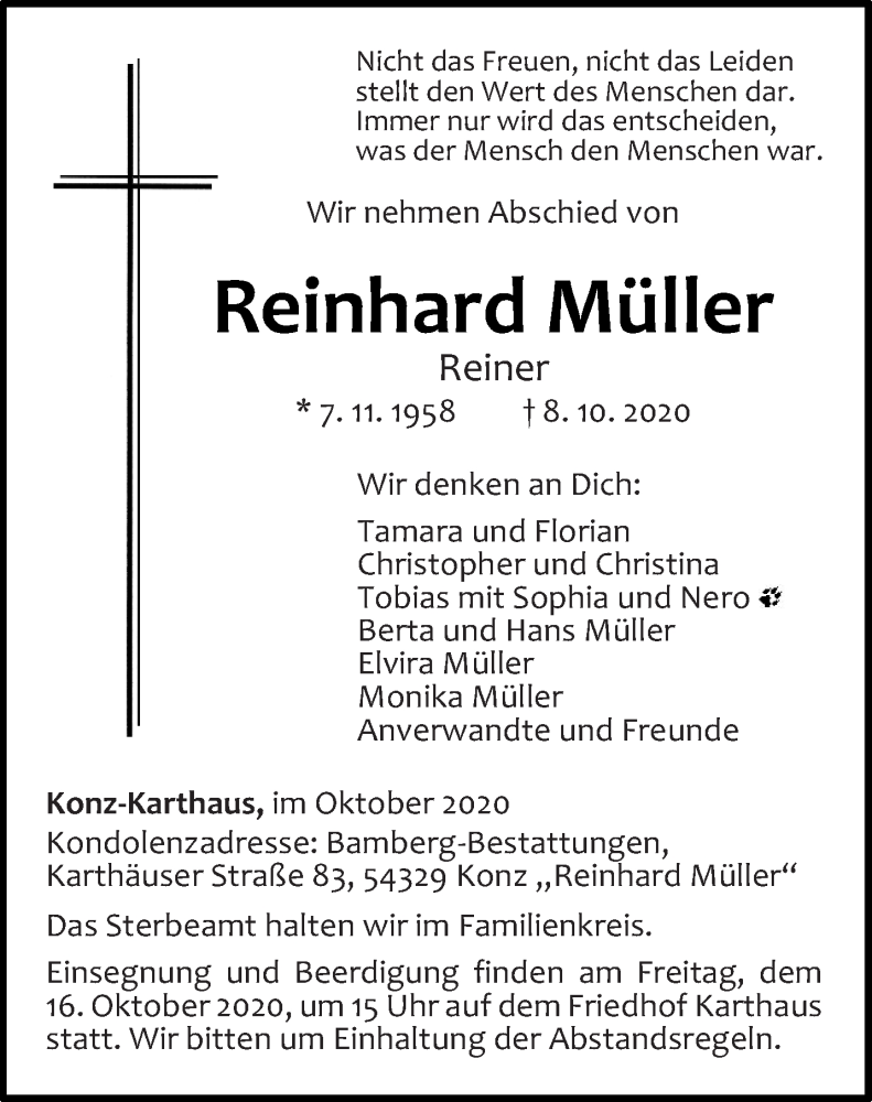  Traueranzeige für Reinhard Müller vom 13.10.2020 aus trierischer_volksfreund