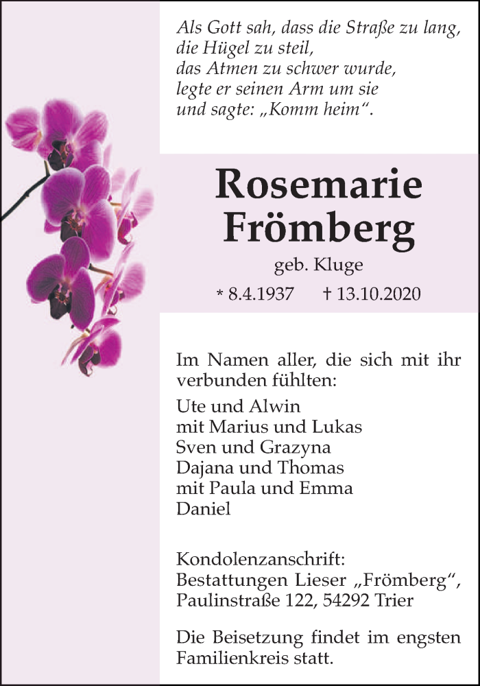  Traueranzeige für Rosemarie Frömberg vom 17.10.2020 aus trierischer_volksfreund