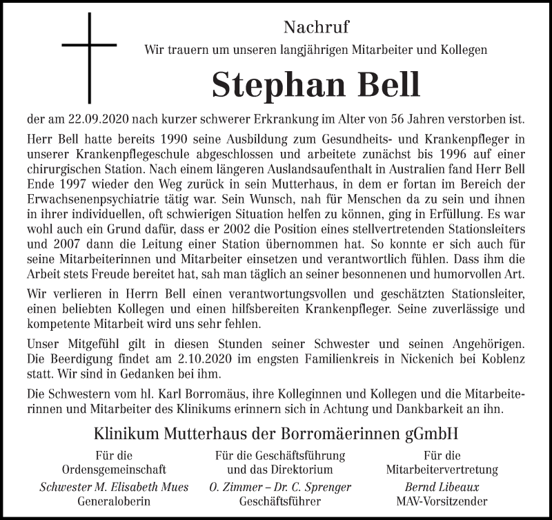 Traueranzeige für Stephan Bell vom 01.10.2020 aus trierischer_volksfreund